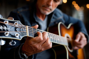 Obraz premium Close Up Senior Man Playing Acoustic Guitar