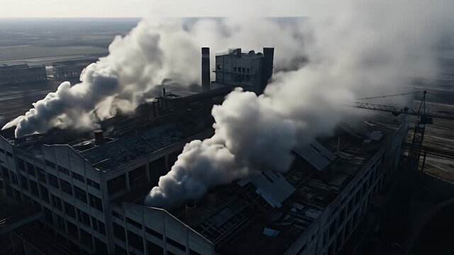 Aerial view of a dilapidated factory building with smoke billowing from the roof