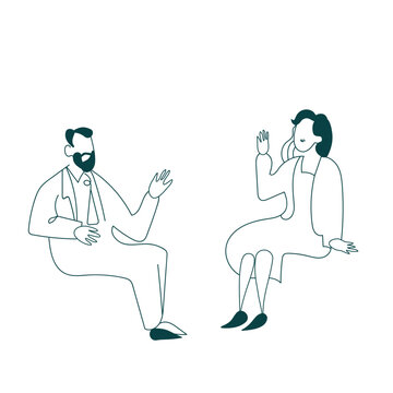 pair male and female sitting characters sketch vector isolated line design elements 