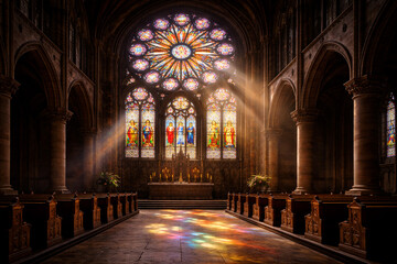 Obraz premium Stained glass window depicting biblical scenes in a traditional church. Religion, temple, old church.