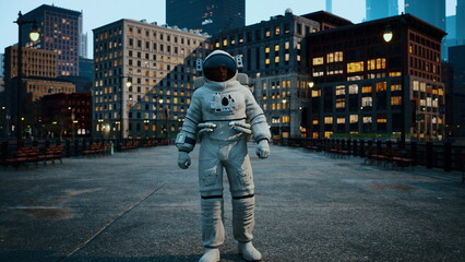 An astronaut stands confidently in an urban park as evening descends. Skyscrapers tower in the background, glowing softly in twilight, creating a surreal scene of space and city life. © icetray