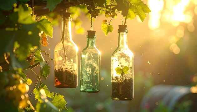Sunlight shines on three glass bottles hanging with corks, filled with dirt, under a leafy vine