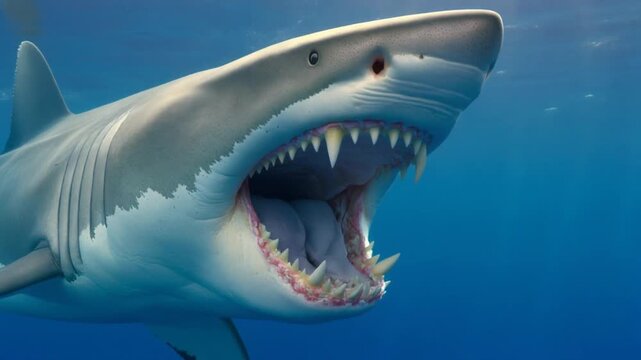 A large gray shark with sharp teeth swims underwater, jaws open wide in a menacing pose against a deep blue ocean background, possibly used for educational or conservation purposes