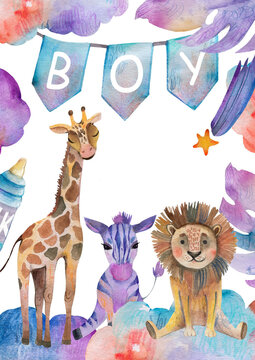 Watercolor baby boy nursery illustration. Hand-painted cute jungle animals