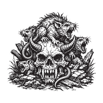 Giant Vermin Swarming Horned Demon Skull Macabre Woodcut Engraving