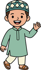 Fototapeta premium Happy Muslim boy in traditional green kurta and topi waving hello - Cute flat vector illustration for kids