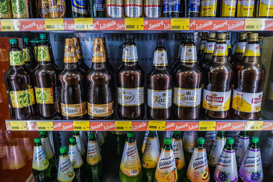 Beers at gas station shop in Zugdidi city, Samegrelo province, Georgia