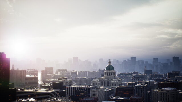 sunlit city skyline sunrise over dome, soft haze drifts across rooftops, morning light glancing off glass and metal, calm atmosphere, distant traffic begins,