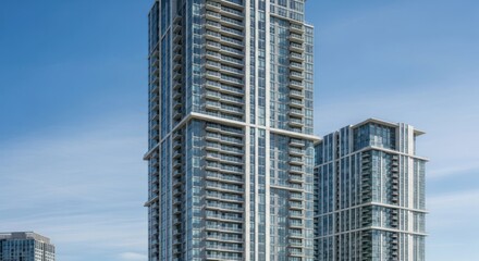 Fototapeta premium Modern high-rise apartment complex reaching into a clear blue sky