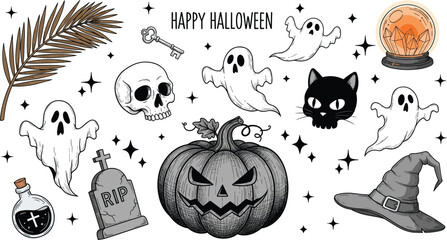 Hand drawn vintage Halloween vector illustration set featuring spooky ghosts, carved jack o lantern pumpkin, skull, witch hat, gravestone, and magic occult elements. © Moshaharul's World