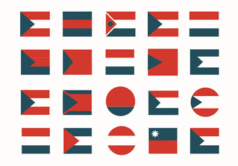 Grid of twenty abstract geometric flag designs in red dark teal and white