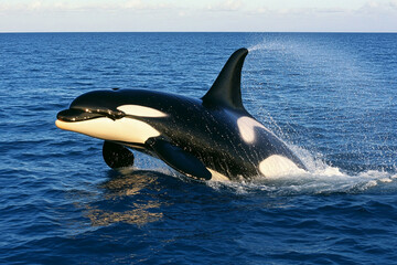 Naklejka premium Orca breaching the surface of calm sea during daytime under clear blue sky