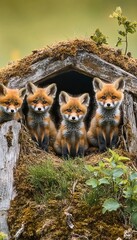 Fototapeta premium Adorable fox cubs peeking out from their cozy shelter, showcasing their endearing charm.