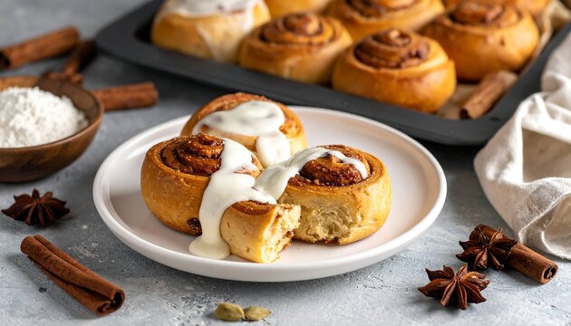 Sweet cinnamon rolls with creamy icing, flour, cinnamon sticks, star anise on a grey background