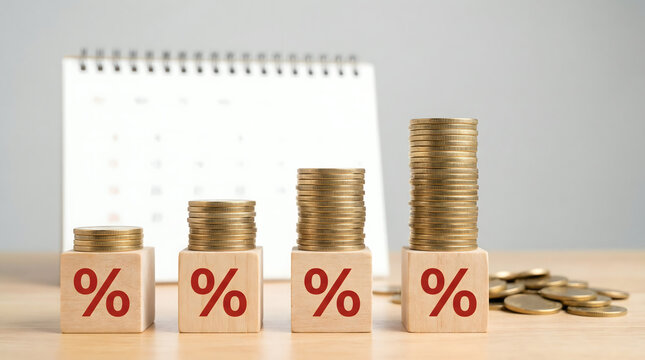 Growing Coins Stacked on Wooden Blocks with Percentage Symbol, Calendar Background