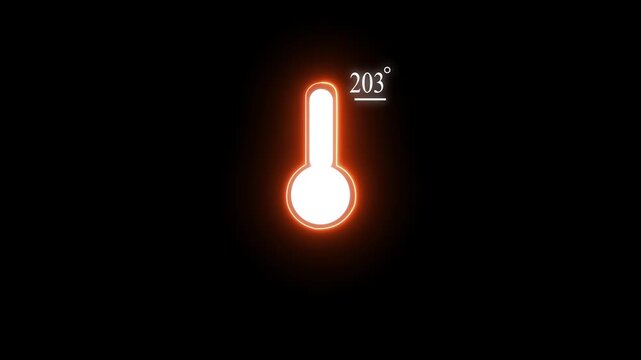 Neon Celsius thermometer displayed temperature 203 degree. Thermometer equipment showing hot or cold weather. 4K Video motion graphic animation.
