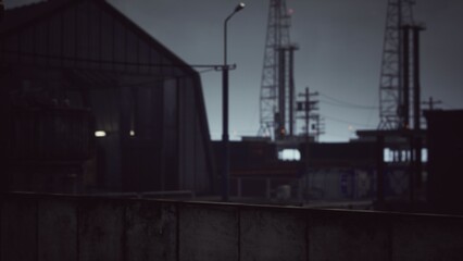 Obraz premium As night falls, a haunting industrial scene emerges with tall structures looming against the darkening sky. Streetlights flicker to life, revealing the quiet atmosphere.
