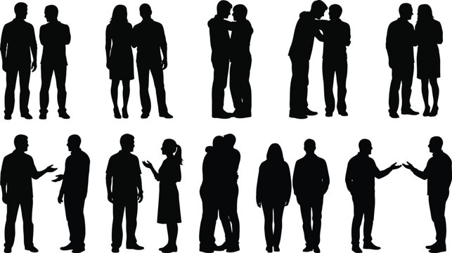 Collection of various black silhouettes of people standing and talking to each other in different poses