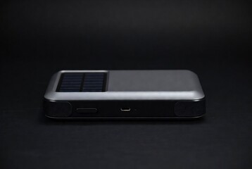 A solar-powered portable charger rests on a dark, reflective surface.