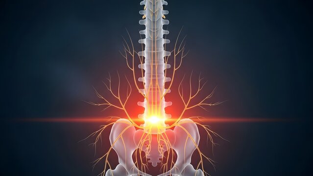 Central nervous system and spinal column anatomy. Neurology and pain management research. 3D illustration of a human spine with radiating nerve pathways and a glowing pain center