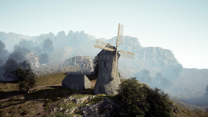 A rustic windmill stands in a tranquil setting, surrounded by lush greenery and distant mountains under a clear sky. The peaceful scene invites exploration and reflection. © icetray