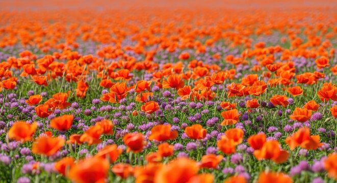 Field of intense orange poppies and delicate purple owl's clover blooming profusely across a sunny, sprawling springtime meadow landscape, growth, flora, natural