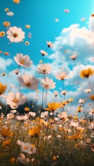 Fototapeta premium Vibrant summer meadow filled with colorful cosmos flowers under a clear blue sky on a sunny day