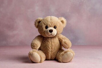 Obraz premium Subject: A teddy bear. Action: Sitting still. Setting: Pink backdrop studio.