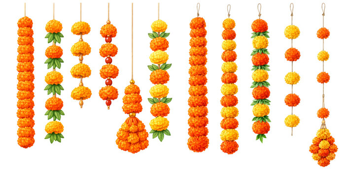 A charming watercolor collection of Diwali marigold flower garlands hanging vertically for Indian festival decorations and celebration design.