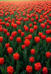 Fototapeta premium Vibrant red tulips blooming profusely in a vast green field under bright springtime sunlight, symbolizing renewal and nature's beauty, landscape, Tulip, nature