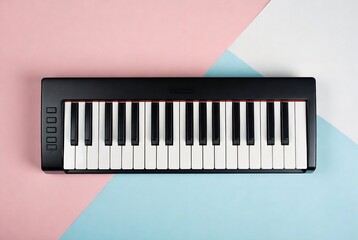 Fototapeta premium A black MIDI keyboard rests on a pink and blue geometric background.