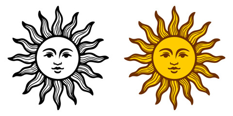 Grupo de dibujos sencillos con líneas de un sol con cara con sonrisa estilo retro, uno con líneas y otro con líneas y relleno de color amarillo  © teracreonte