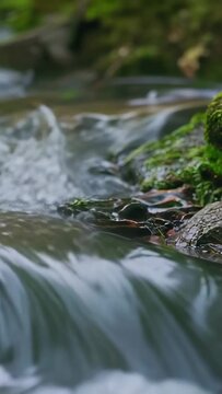 Vertical video: Forming smooth sheet, forest stream flowing over rounded rock lip, creating foam