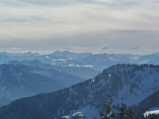 Fototapeta premium Mountain hiking at Brecherspitze mountain, Bavaria, Germany in wintertime