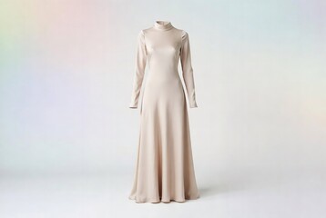 A long, beige satin dress hangs against a blurred pastel background.