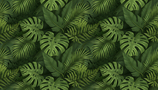 Seamless tropical jungle leaves pattern with monstera palm and fern foliage creating lush green botanical background for nature themed design wallpaper and textile prints