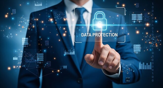 Businessman touching virtual data protection padlock icon for cybersecurity, privacy, and secure cloud computing technology in a digital network