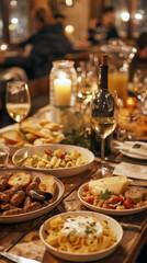 Fototapeta premium Delicious festive dinner feast with variety of italian pasta dishes appetizers and wine served on a rustic wooden table with warm candle light and blurred restaurant background for holidays