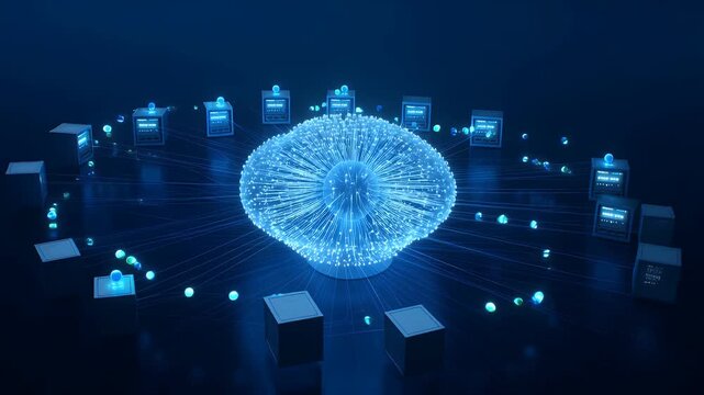 Futuristic network visualization with glowing blue nodes and connected servers