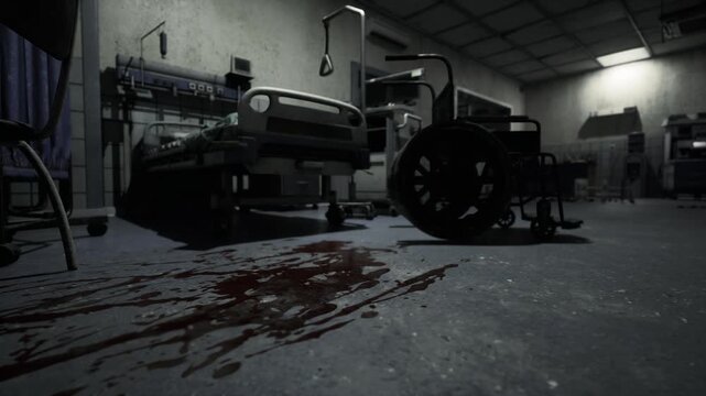 Overturned wheelchair amid blood smeared floor and vacant beds, scattered supplies and dim ceiling light, sense of sudden evacuation and aftermath