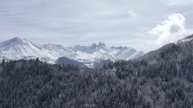 Apparition pic des aiguilles d'armes au dessus de for&ecirc;t enneig&eacute;e