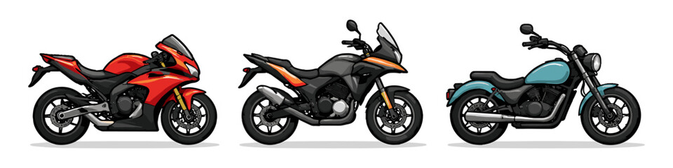 Obraz premium Three different types of motorcycles displayed side by side on a white background