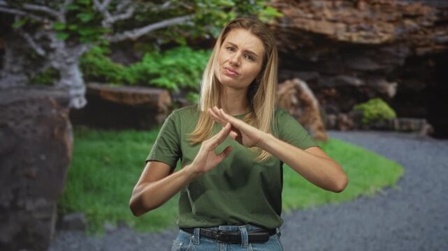 Blonde woman in green t shirt and jeans, hands forming a timeout t gesture on a gravel forest path; disapproval boundaries.
