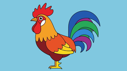 Brightly colored cartoon rooster vector illustration on a light blue background © jaka-Stock