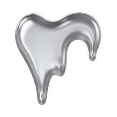 Heart melting dripping silver metal white background.