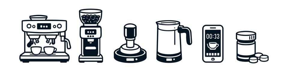 Collection of coffee making equipment and accessories, presented as icons