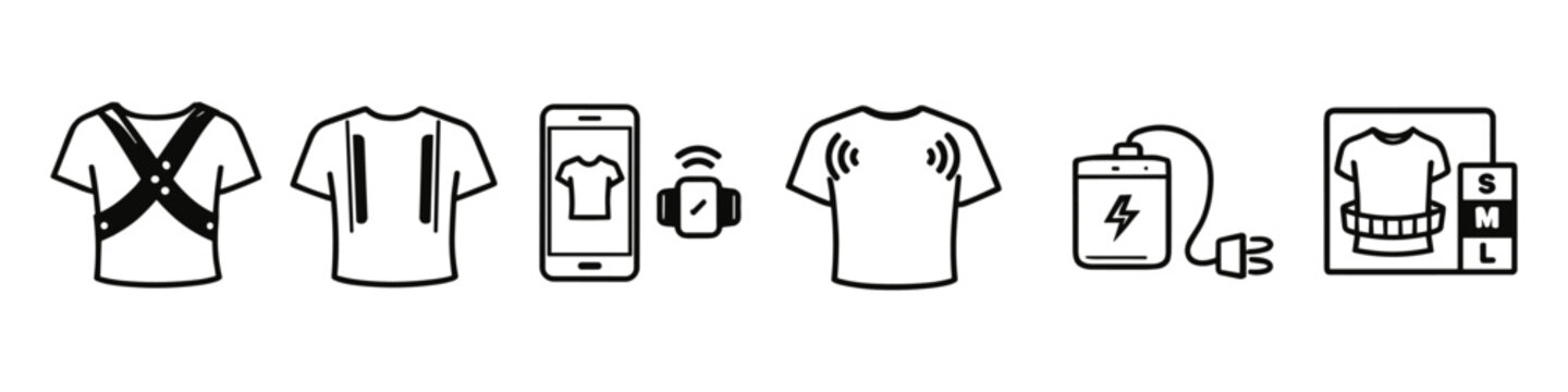 Smart clothing icons showing technology integration and sizing options for apparel