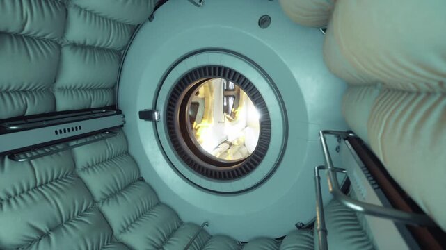 Exercise module inside space station, handrails and straps along quilted walls, compact fitness station for crew, motion anchors and resistance bands