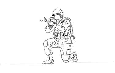 Single one line drawing female soldier stands with celebrate gesture, weapon and full uniform serving country with strength of military forces.