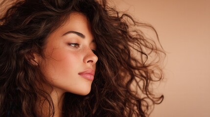 Naklejka premium Fashion beauty profile portrait of a brunette woman with flying curls on a solid pastel pink background.